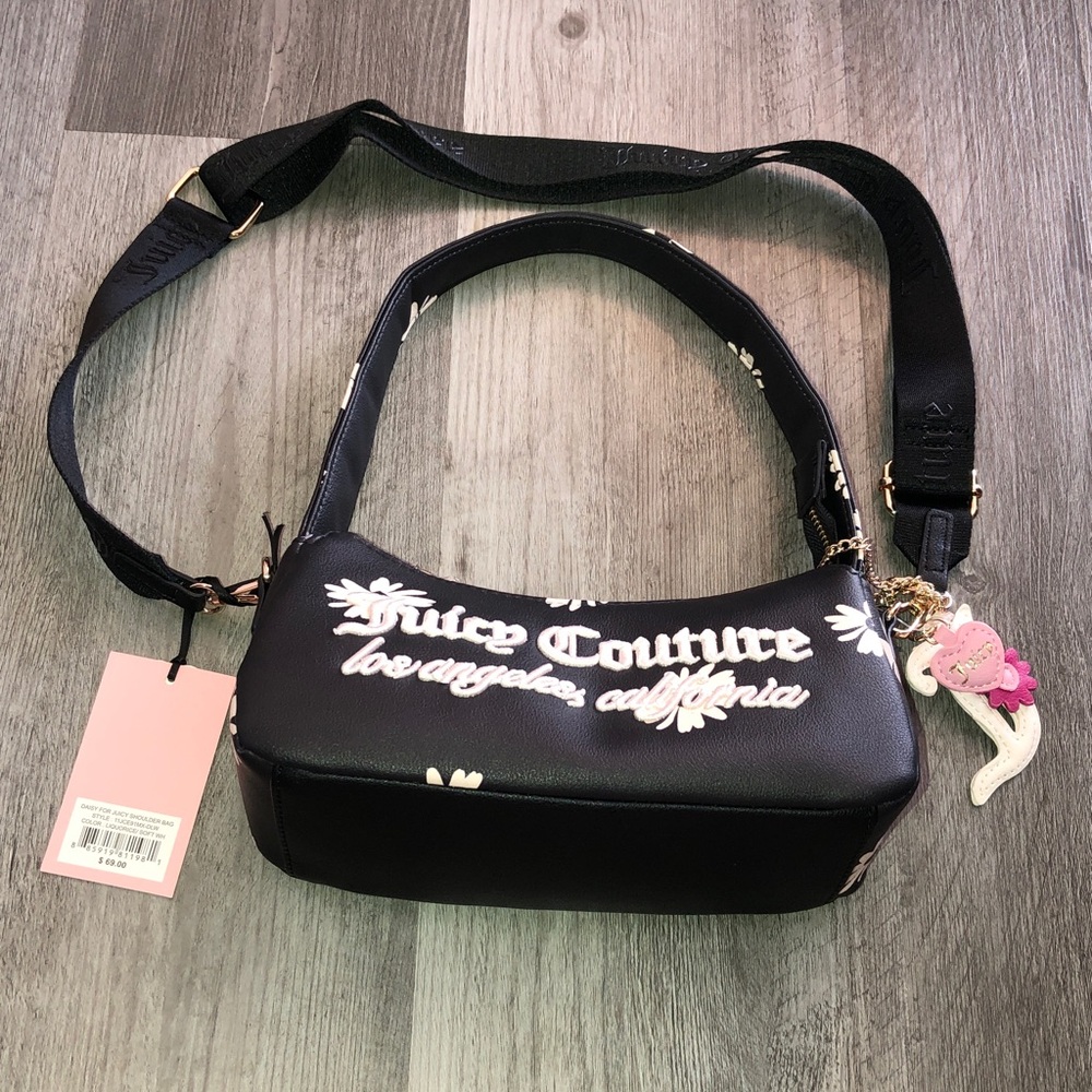 Juicy Couture Liquorice & Soft White Daisy For Juicy Shoulder Bag + J Charm NWT